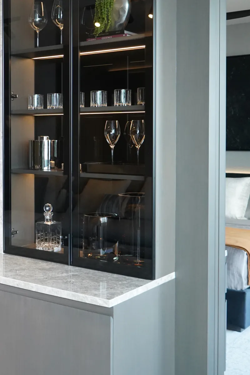 carpenter Miami team working on detailed woodworking project - home bar in Brickell, Miami